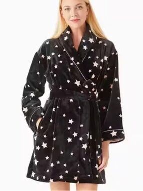 Kate Spade Plush Star Print Bathrobe Robe XS/S Long Sleeve Cozy Loungewear